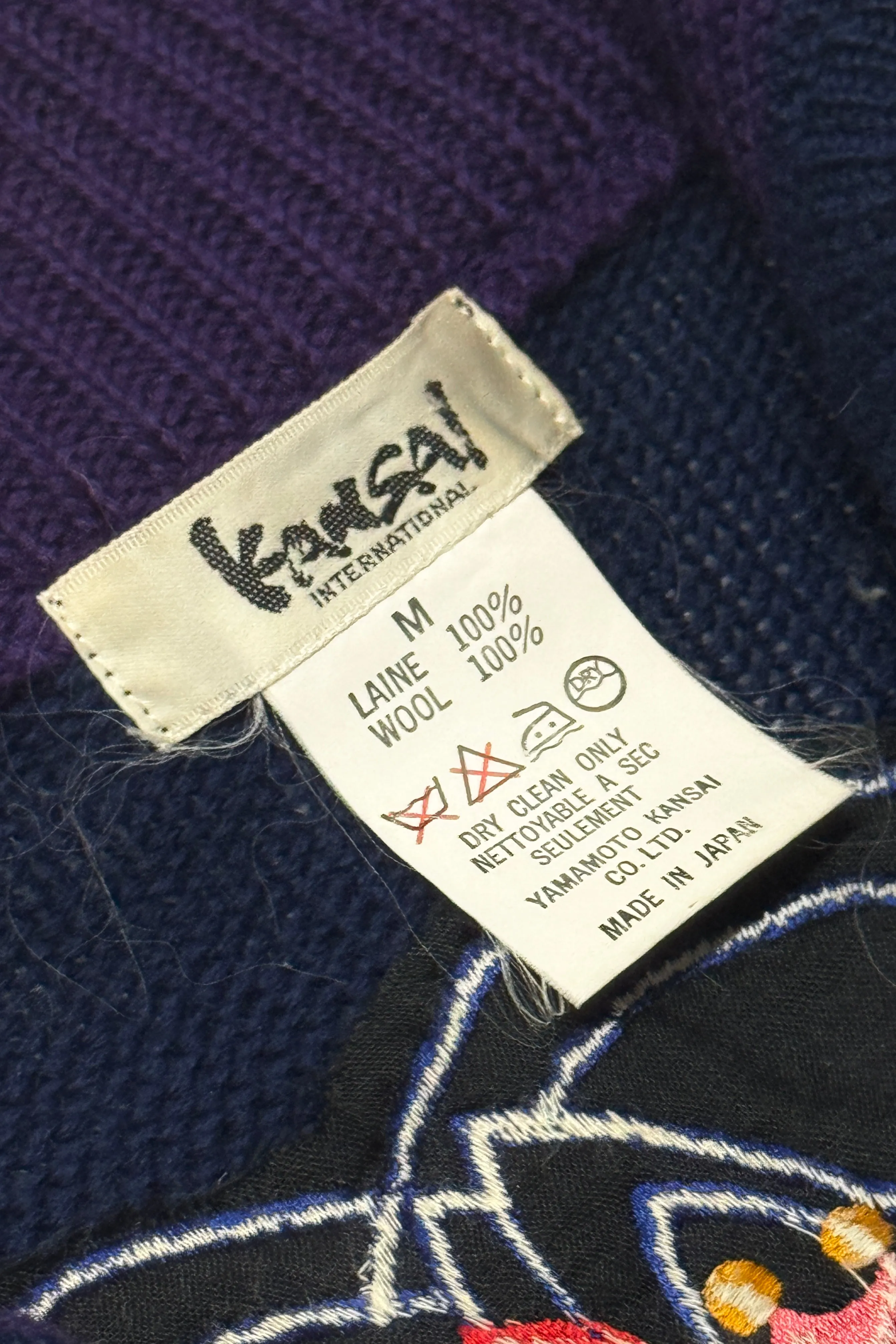 1980’S YAMAMOTO KANSAI MADE IN JAPAN EMBROIDERED WOOL KNIT CARDIGAN SWEATER X-LARGE
