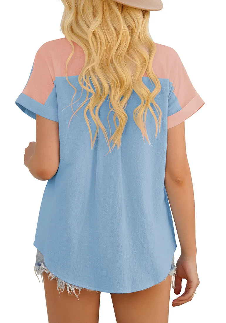 Blush Pink Short Sleeves Colorblock Button-Up Top