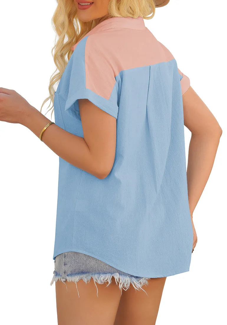 Blush Pink Short Sleeves Colorblock Button-Up Top