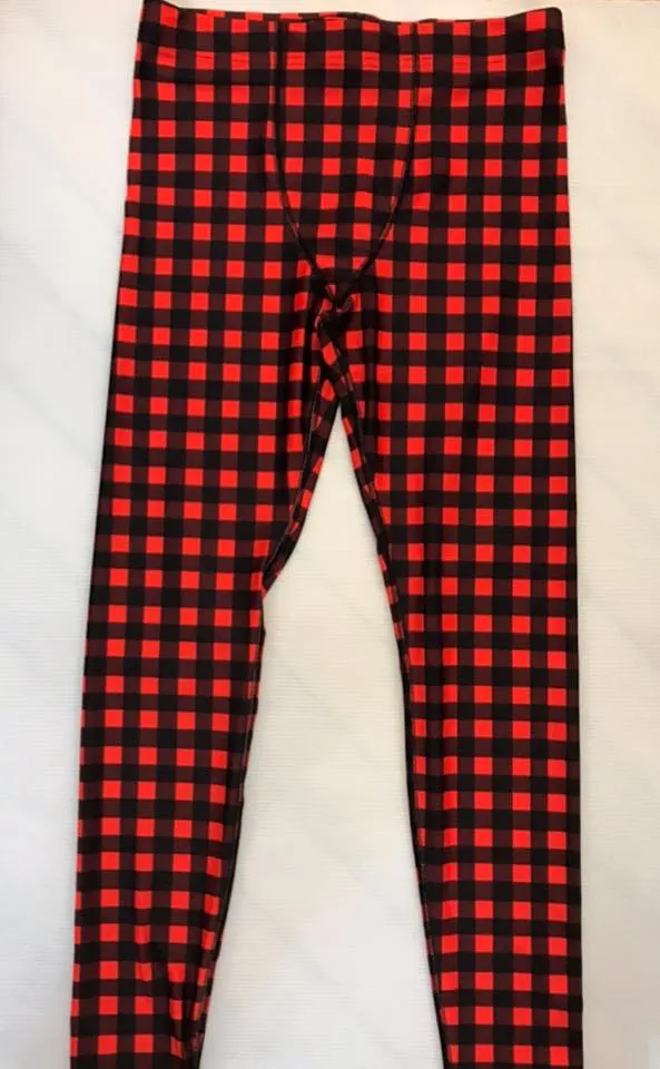 Buffalo Red Plaid Men's Leggings, Red Plaid Printed Compression Run Tights Yoga Pants-Made in USA/EU/MX