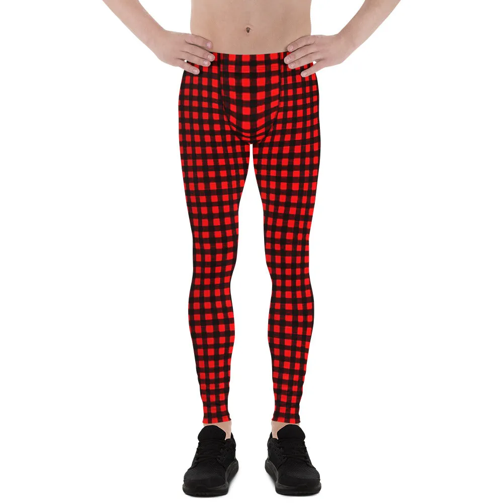 Buffalo Red Plaid Men's Leggings, Red Plaid Printed Compression Run Tights Yoga Pants-Made in USA/EU/MX