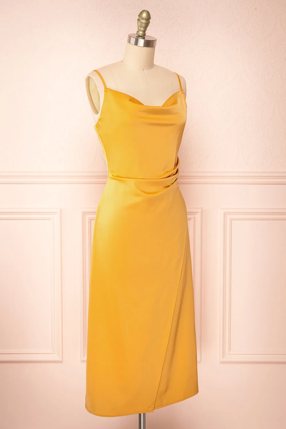 Chloe Yellow | Cowl Neck Satin Midi Slip Dress