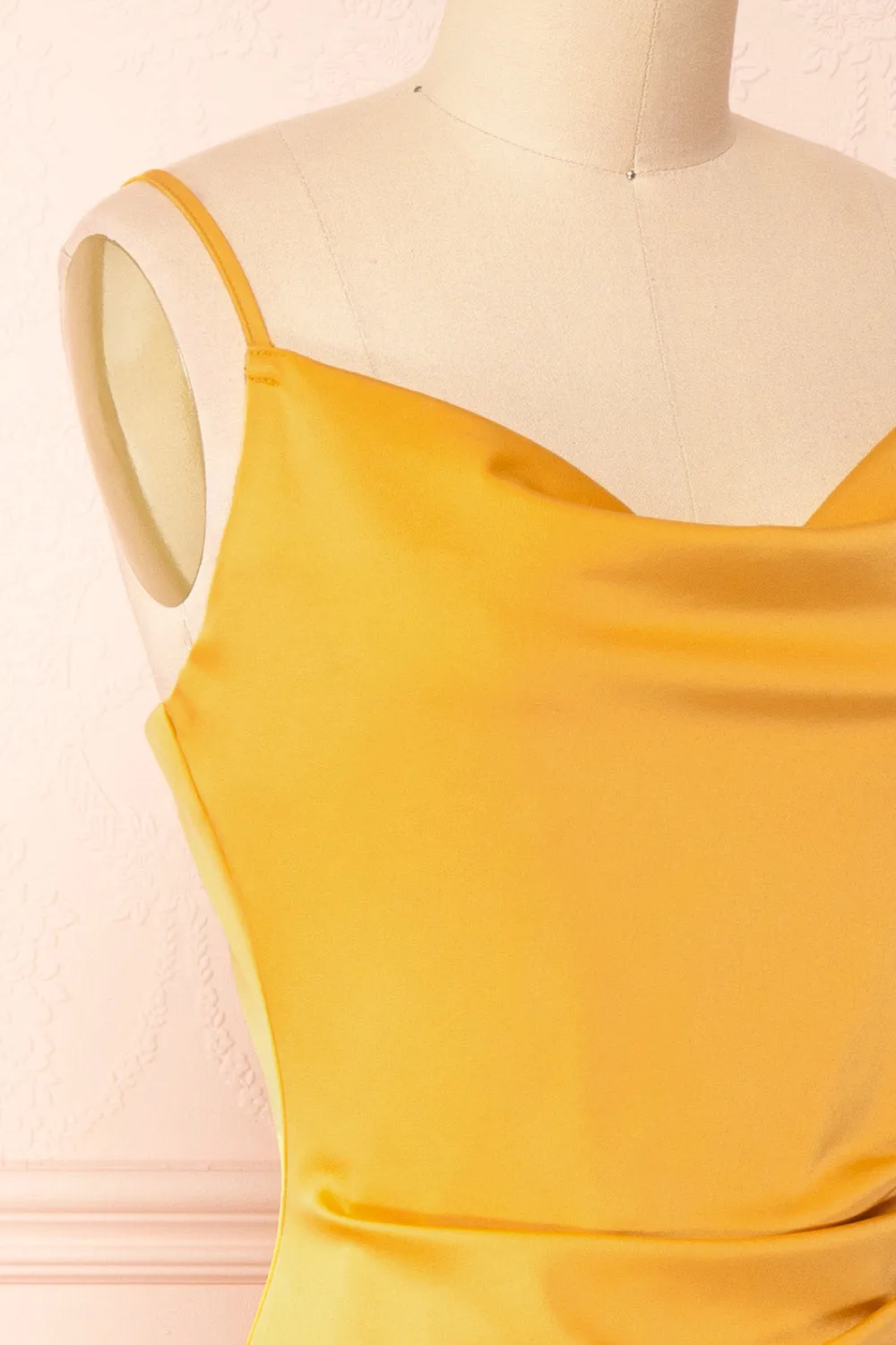 Chloe Yellow | Cowl Neck Satin Midi Slip Dress