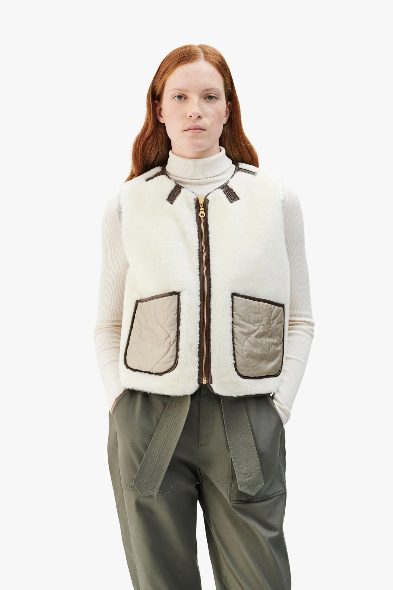 Cropped Aviator Shearling Vest - Chocolate / Natural