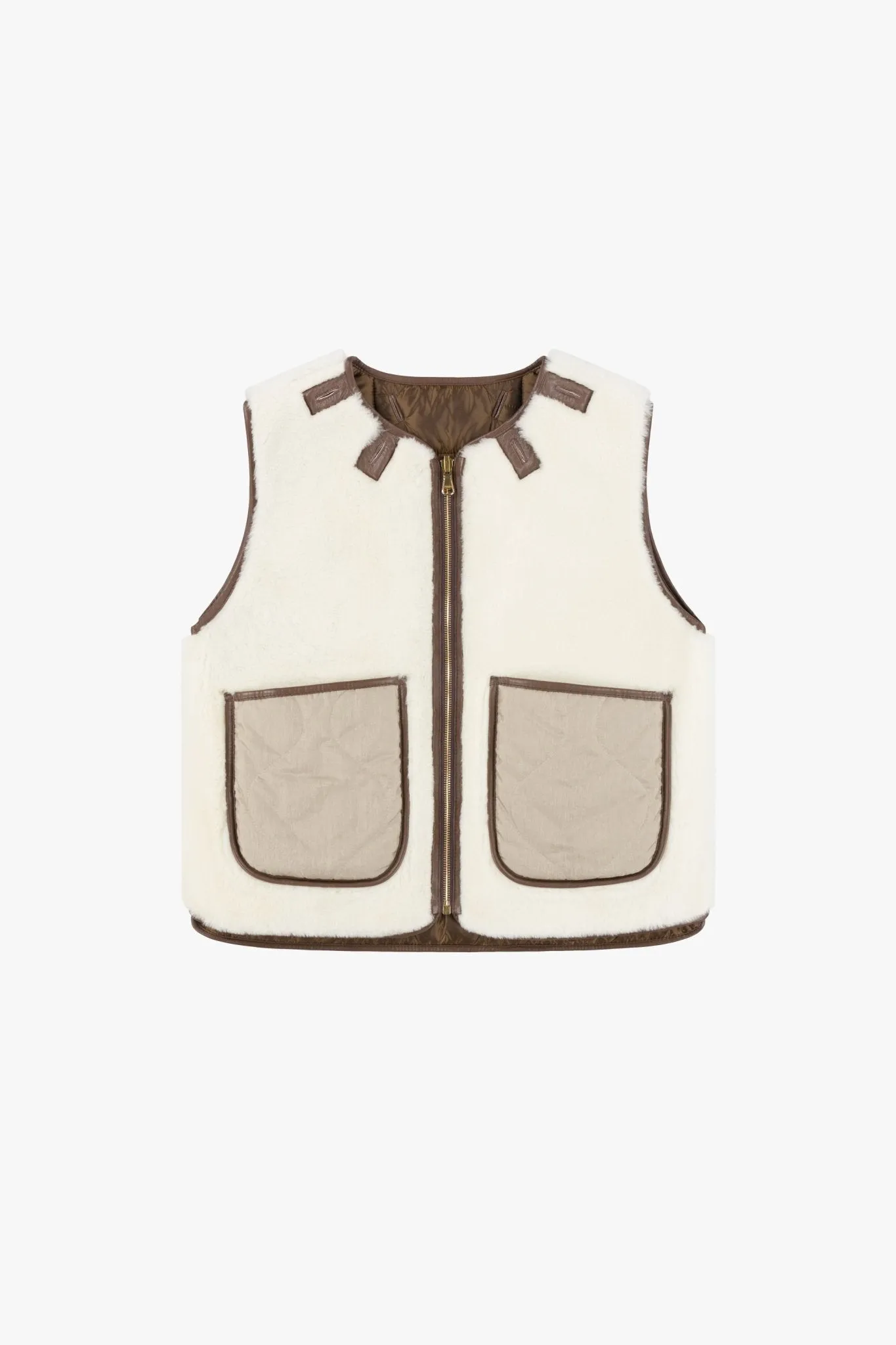 Cropped Aviator Shearling Vest - Chocolate / Natural