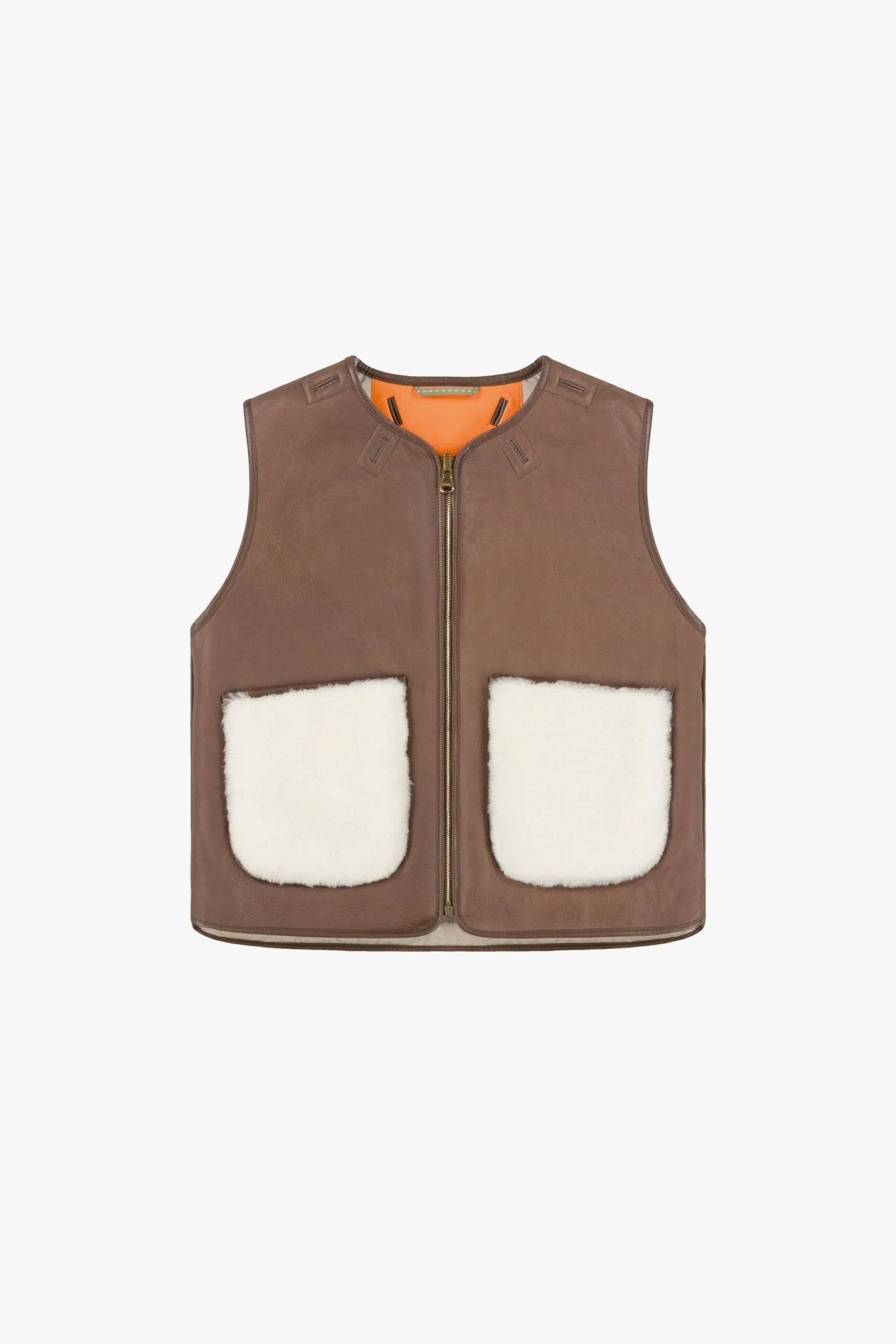 Cropped Aviator Shearling Vest - Chocolate / Natural