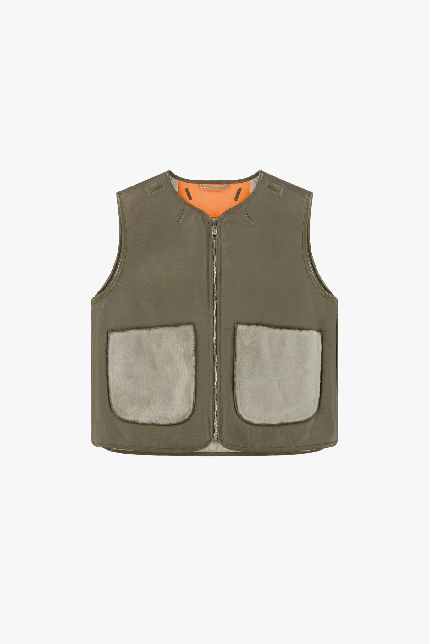 Cropped Aviator Shearling Vest - Dark Olive / Pale Jade
