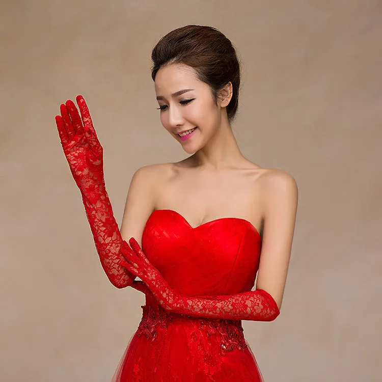 Fancydresswale Floral Lace Gloves for Wedding Opera Party Flapper Lace Gloves Stretchy Adult Size- Red