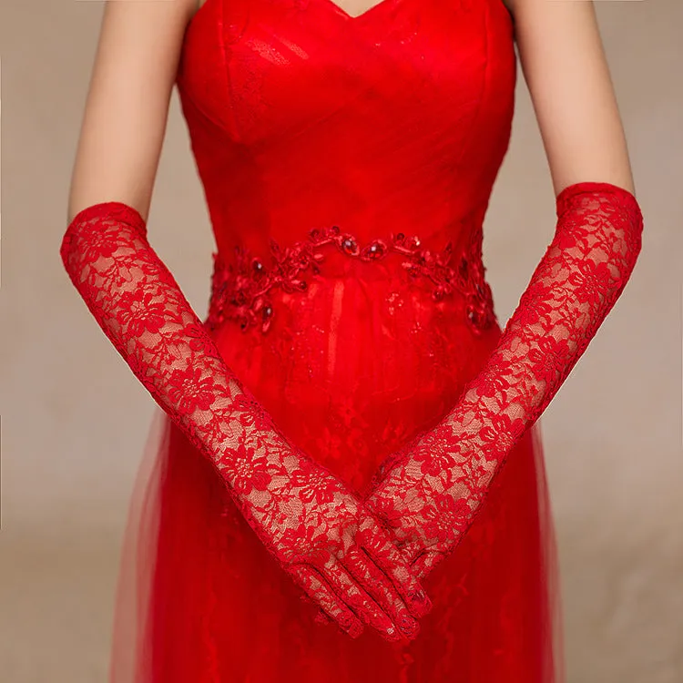 Fancydresswale Floral Lace Gloves for Wedding Opera Party Flapper Lace Gloves Stretchy Adult Size- Red