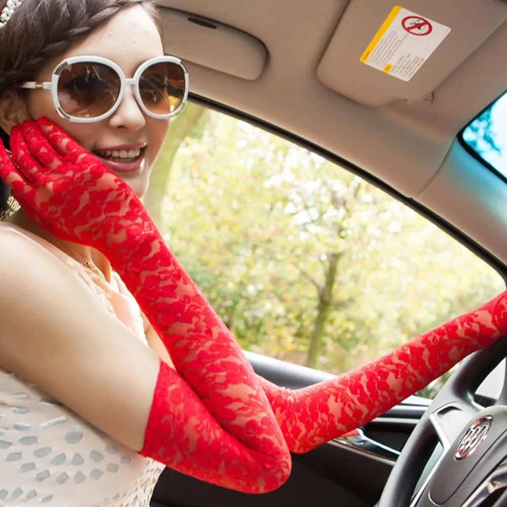 Fancydresswale Floral Lace Gloves for Wedding Opera Party Flapper Lace Gloves Stretchy Adult Size- Red