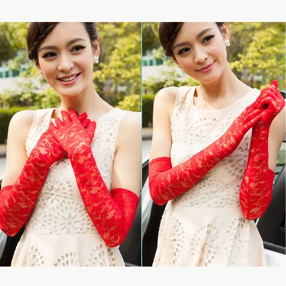 Fancydresswale Floral Lace Gloves for Wedding Opera Party Flapper Lace Gloves Stretchy Adult Size- Red