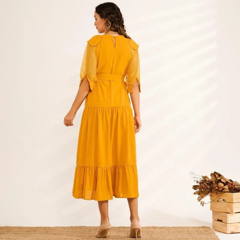 FashionSierra - Summer Midi Dress Women Yellow Ruffled Hem Draped Back Buckle O-neck Mesh Lantern Half Sleeve Loose Casual Elegant Robe