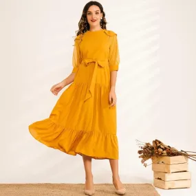 FashionSierra - Summer Midi Dress Women Yellow Ruffled Hem Draped Back Buckle O-neck Mesh Lantern Half Sleeve Loose Casual Elegant Robe