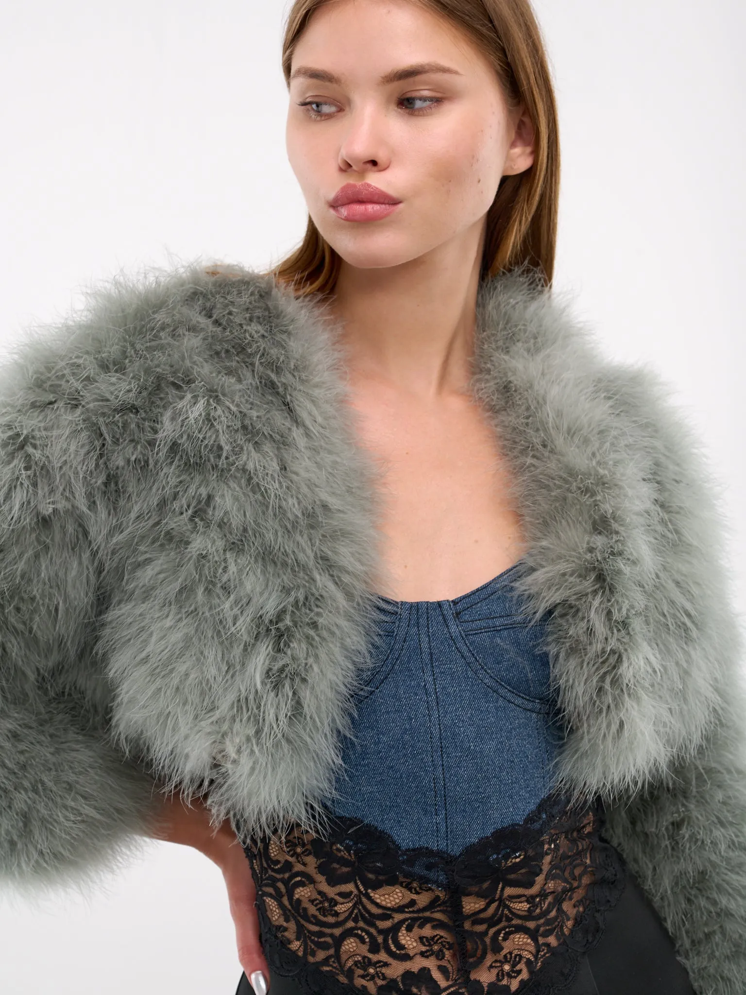 Feather Cropped Jacket (A44-4L035A-P049-GREEN-FROST)