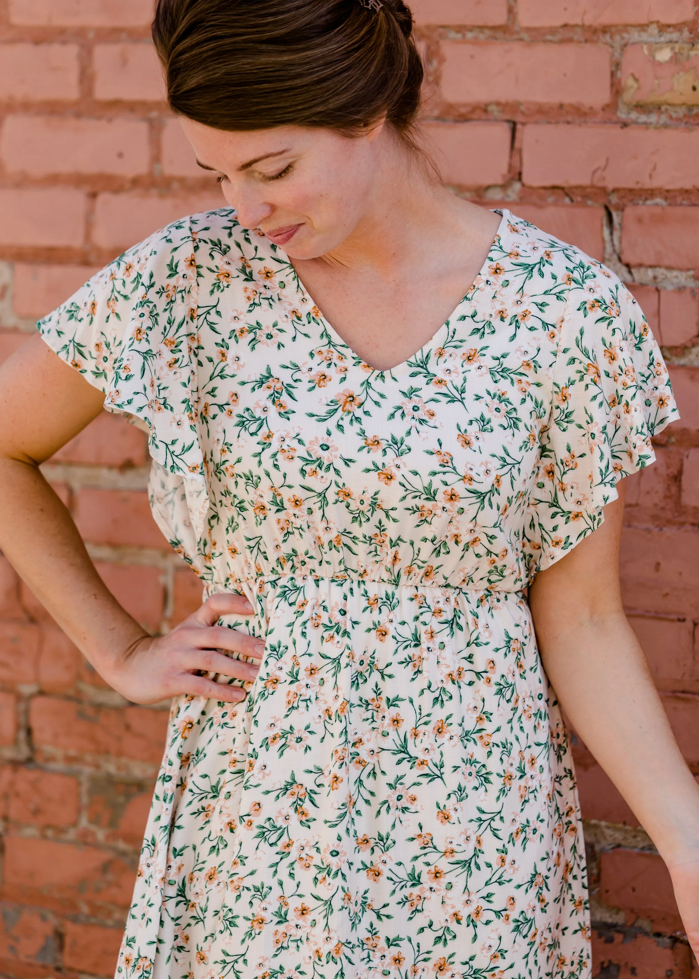 Floral Vines Flutter Sleeve Midi Dress