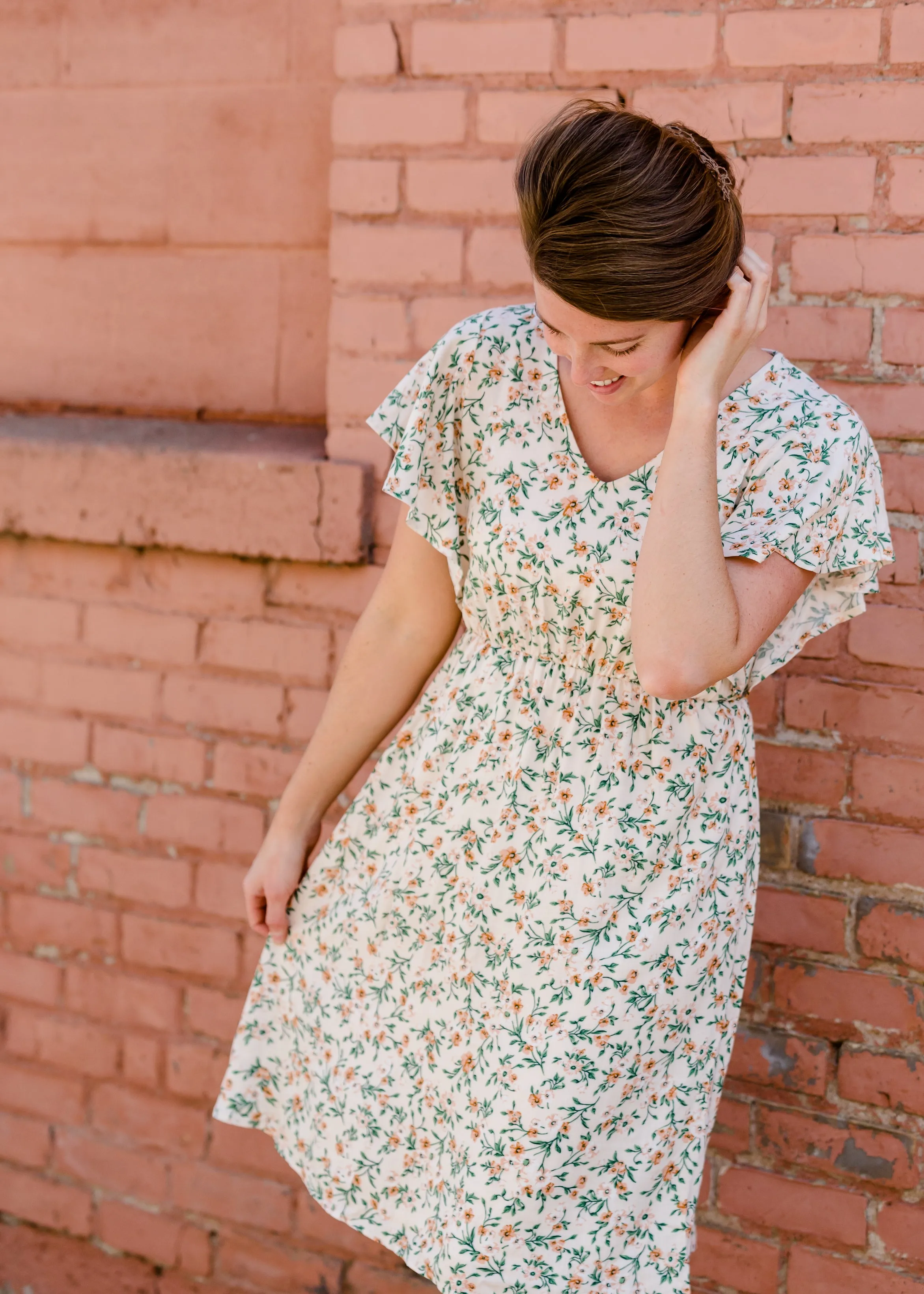 Floral Vines Flutter Sleeve Midi Dress