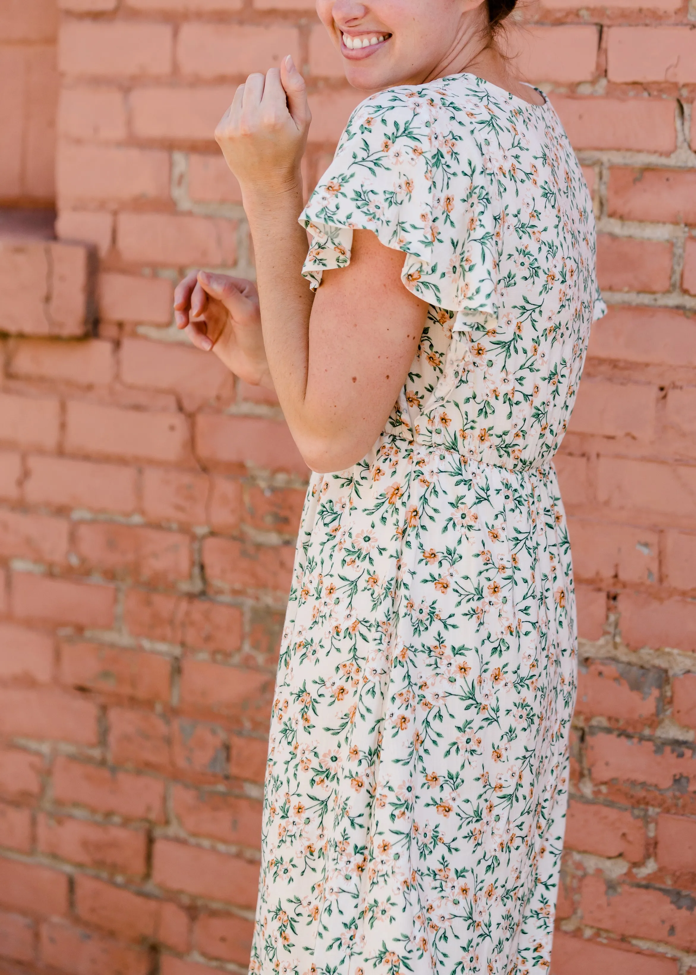 Floral Vines Flutter Sleeve Midi Dress