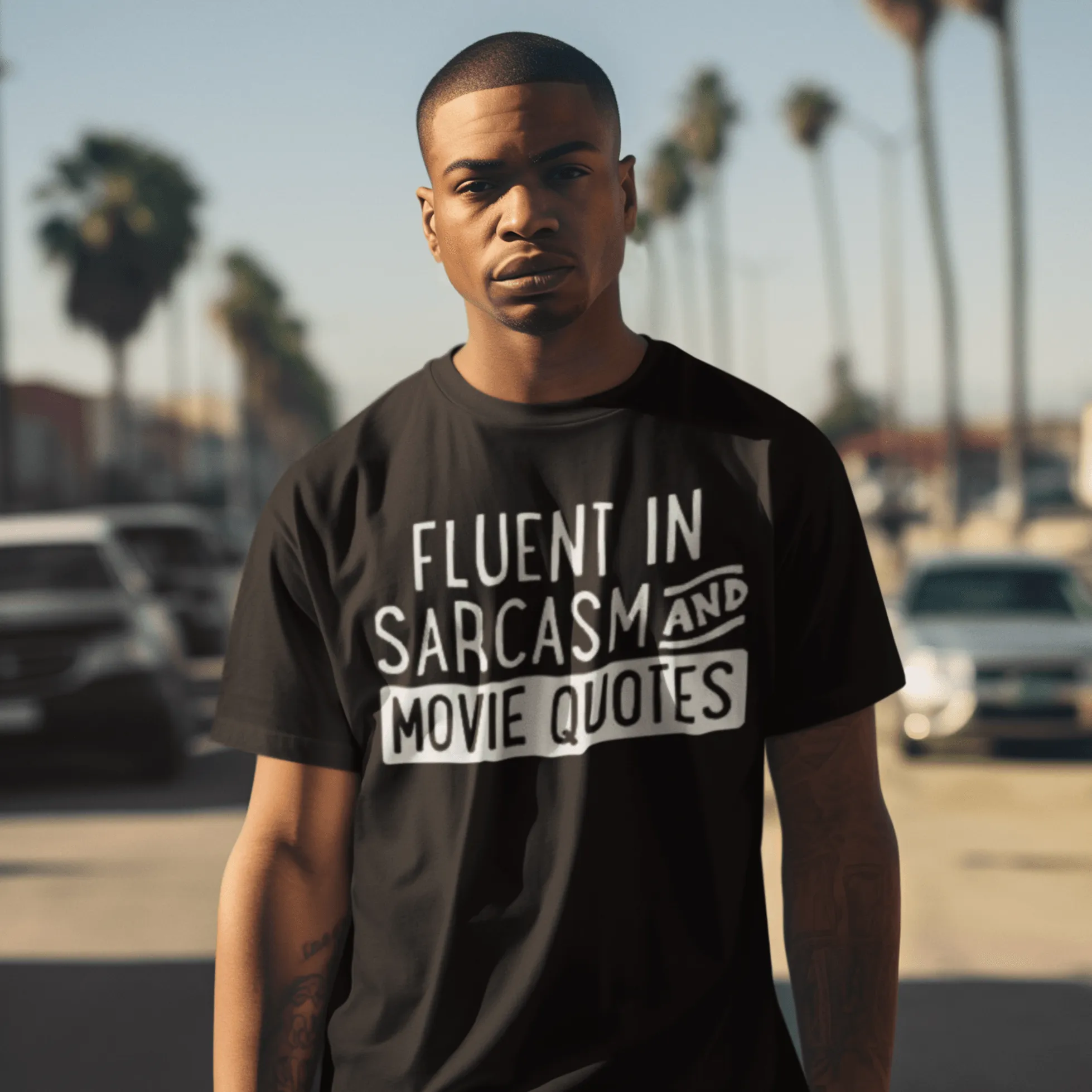 Funny T-Shirt Fluent In Sarcasim And Movie Quotes Short Sleeve Premium Cotton Crew Neck Top