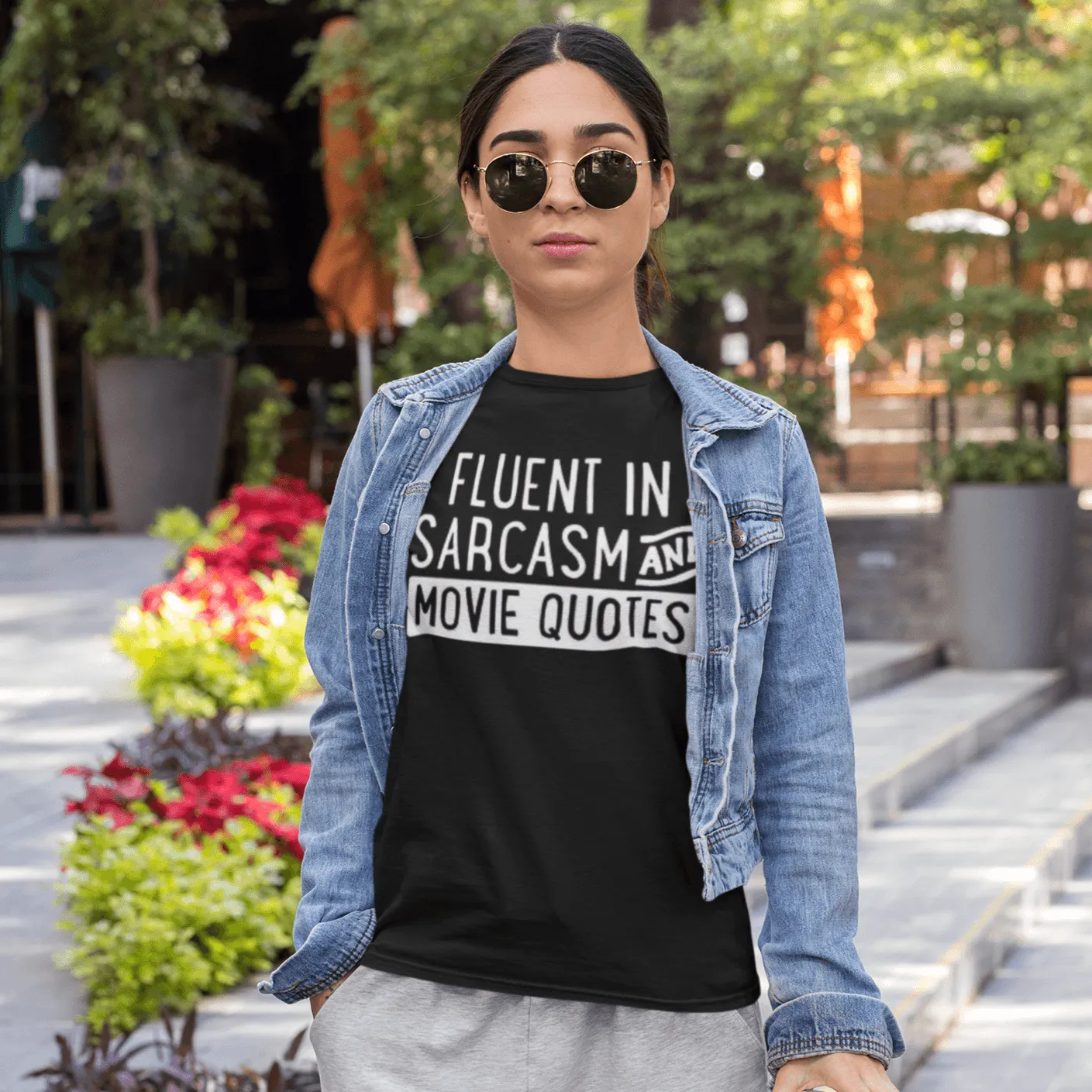 Funny T-Shirt Fluent In Sarcasim And Movie Quotes Short Sleeve Premium Cotton Crew Neck Top