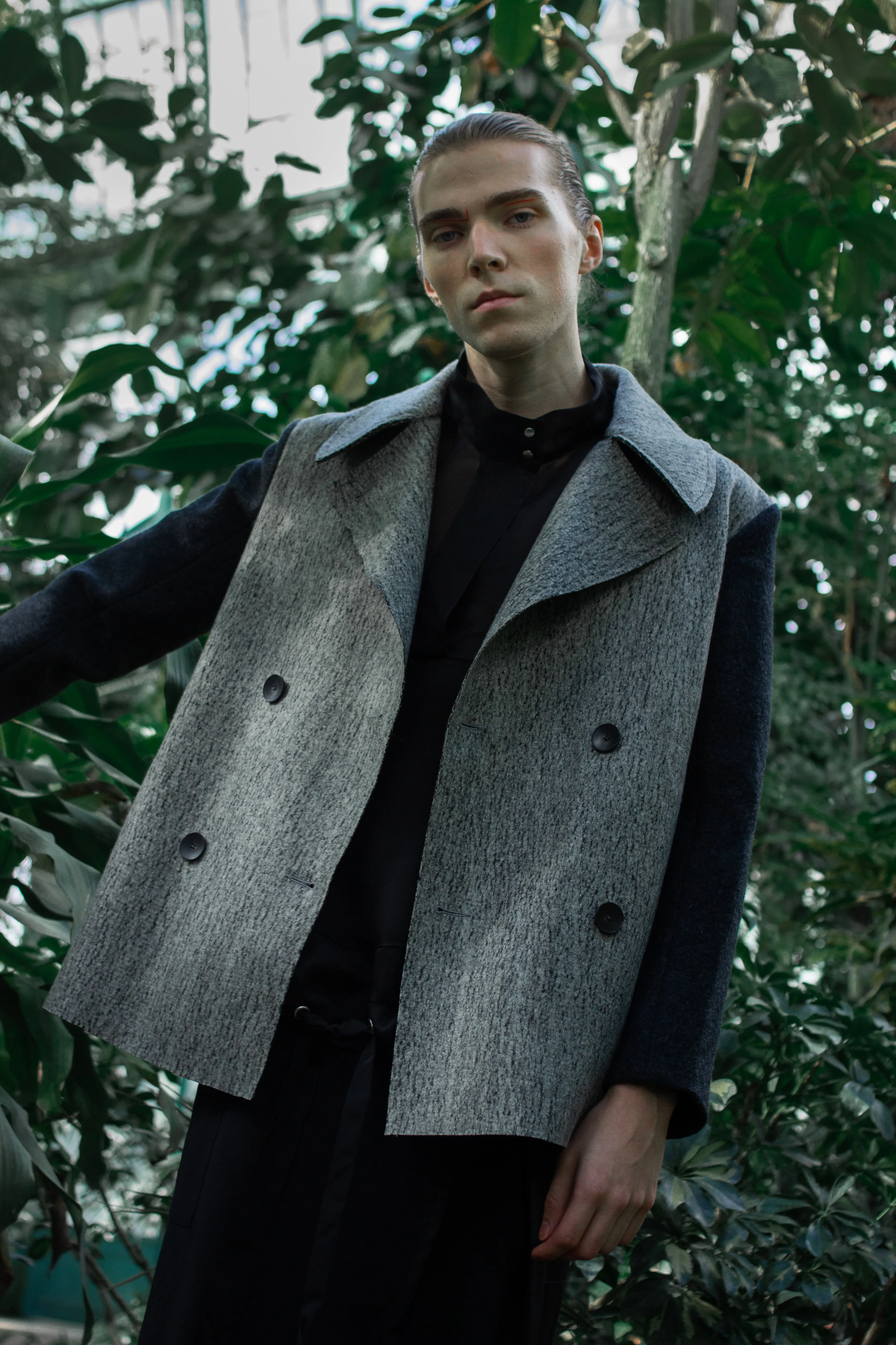 Gender-neutral Marbled Kobe Pea-coat with faux shearling sleeves