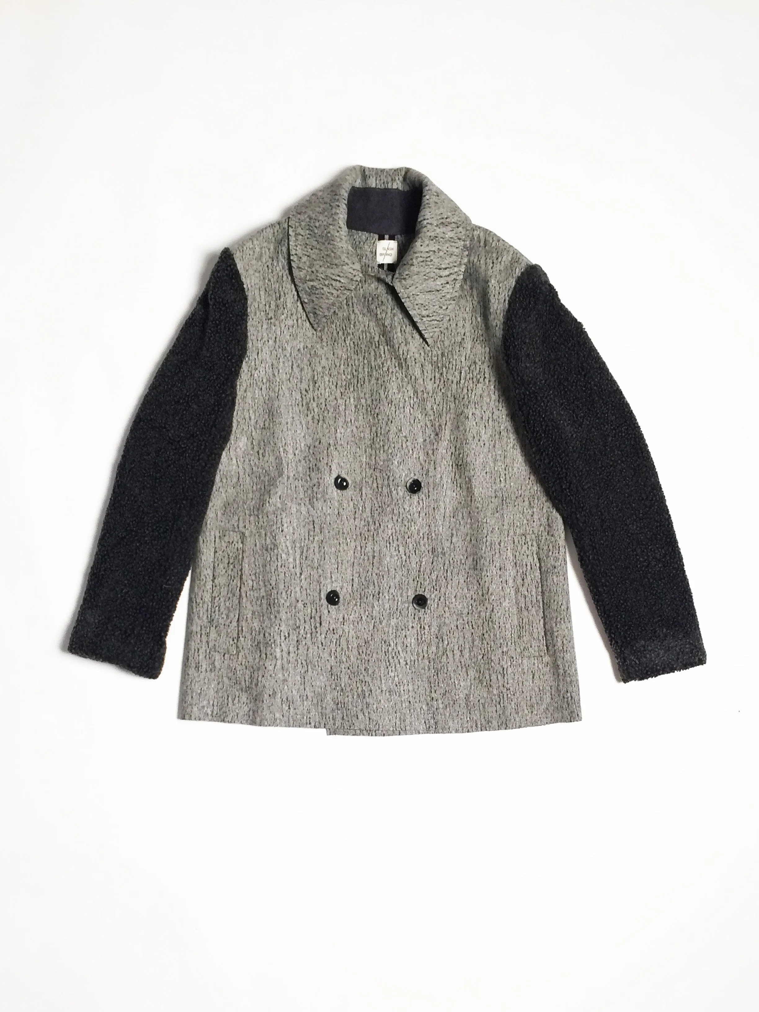 Gender-neutral Marbled Kobe Pea-coat with faux shearling sleeves