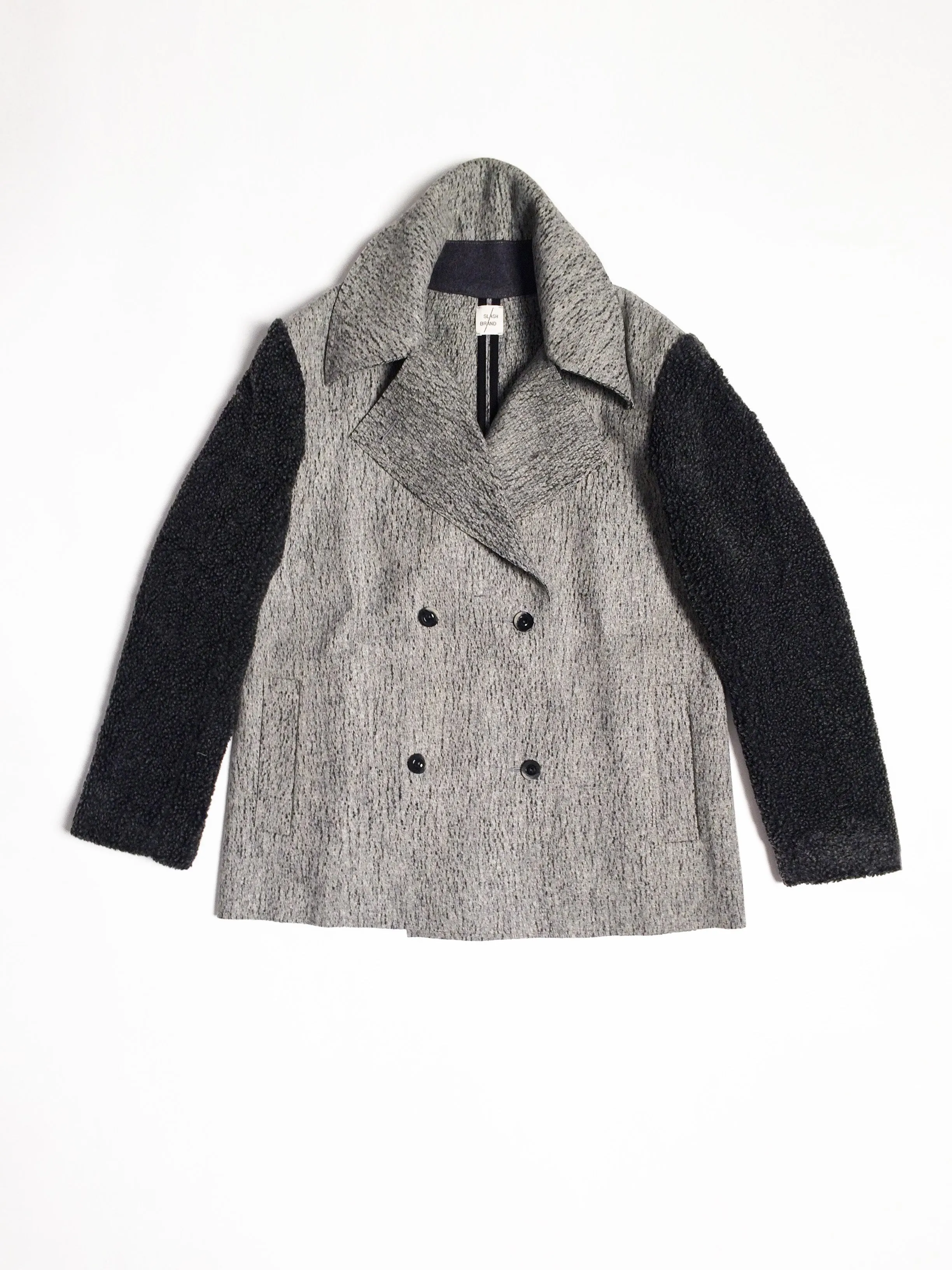 Gender-neutral Marbled Kobe Pea-coat with faux shearling sleeves