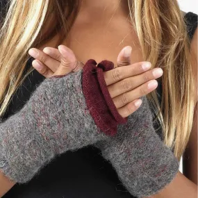Grey Burgundy Alpaca Fingerless Gloves