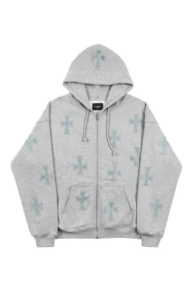 Grey With Baby Blue Crosses Rhinestone Zip Hoodie