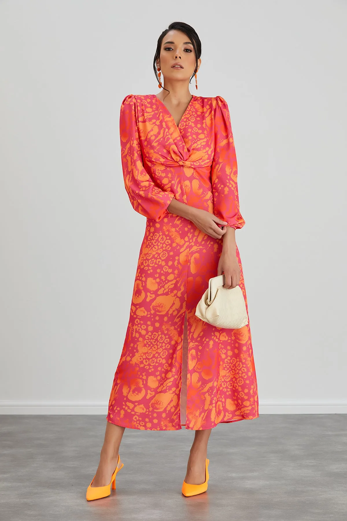 Jade Chic Twist Midi Dress in Orange Leo Print
