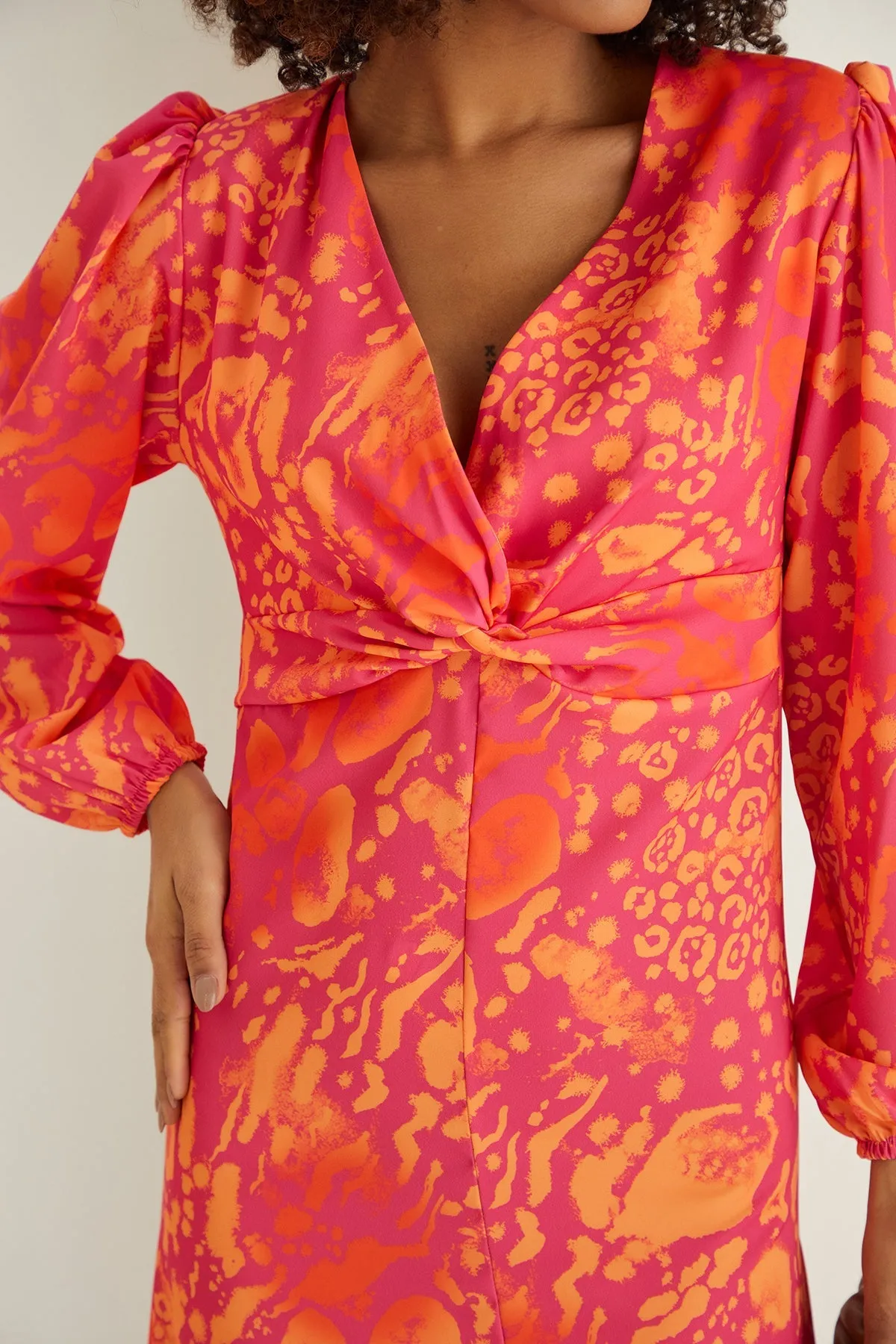 Jade Chic Twist Midi Dress in Orange Leo Print