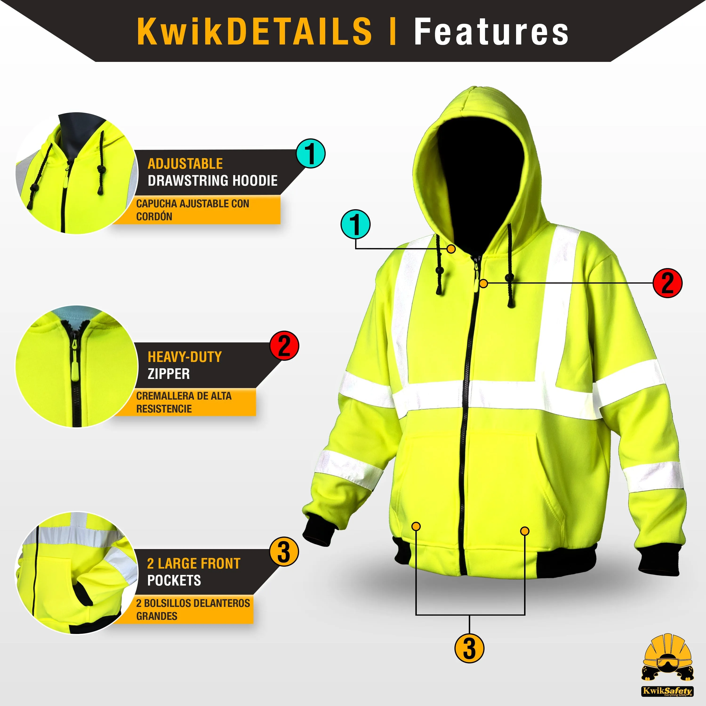 KwikSafety PATROL Safety Hoodie (NO FUZZ Balls) Class 3 ANSI Tested OSHA Compliant Hi Vis Reflective PPE - Model No.: KS5503