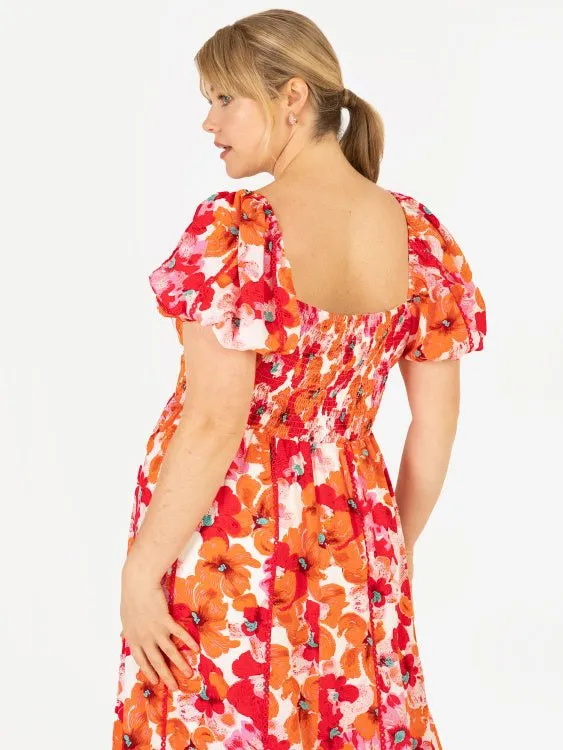 Lovedrobe Luxe Plus Size Square Neck Red & Orange Floral Lace Maxi Dress