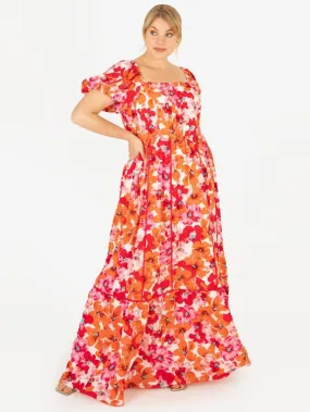 Lovedrobe Luxe Plus Size Square Neck Red & Orange Floral Lace Maxi Dress