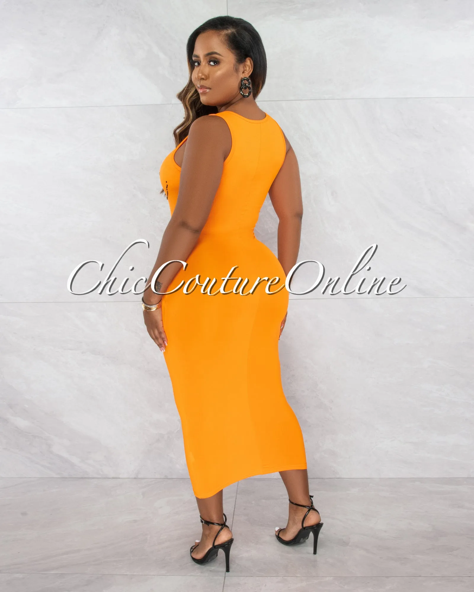 *Lysander Orange Rhinestones Décor Midi Dress