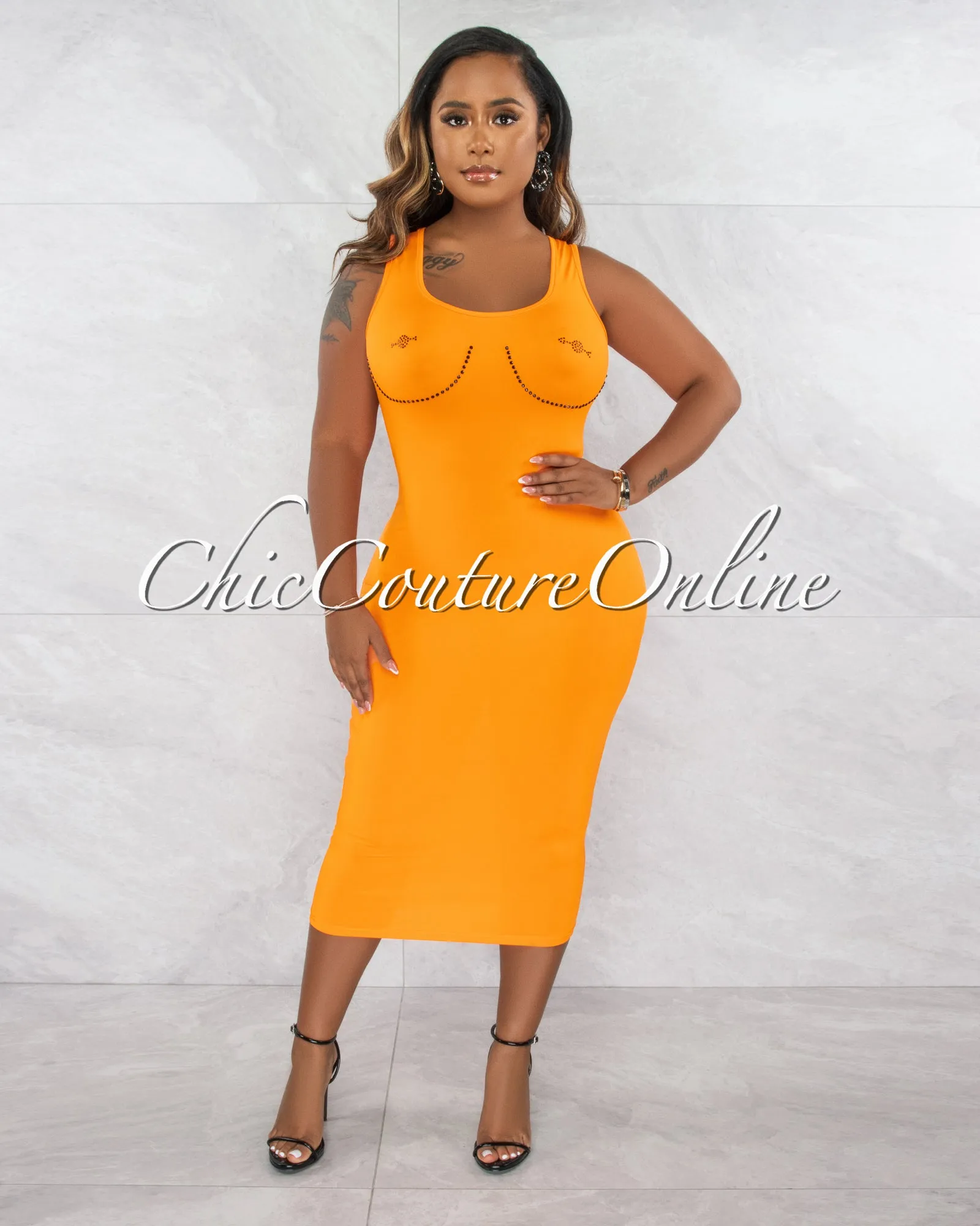 *Lysander Orange Rhinestones Décor Midi Dress