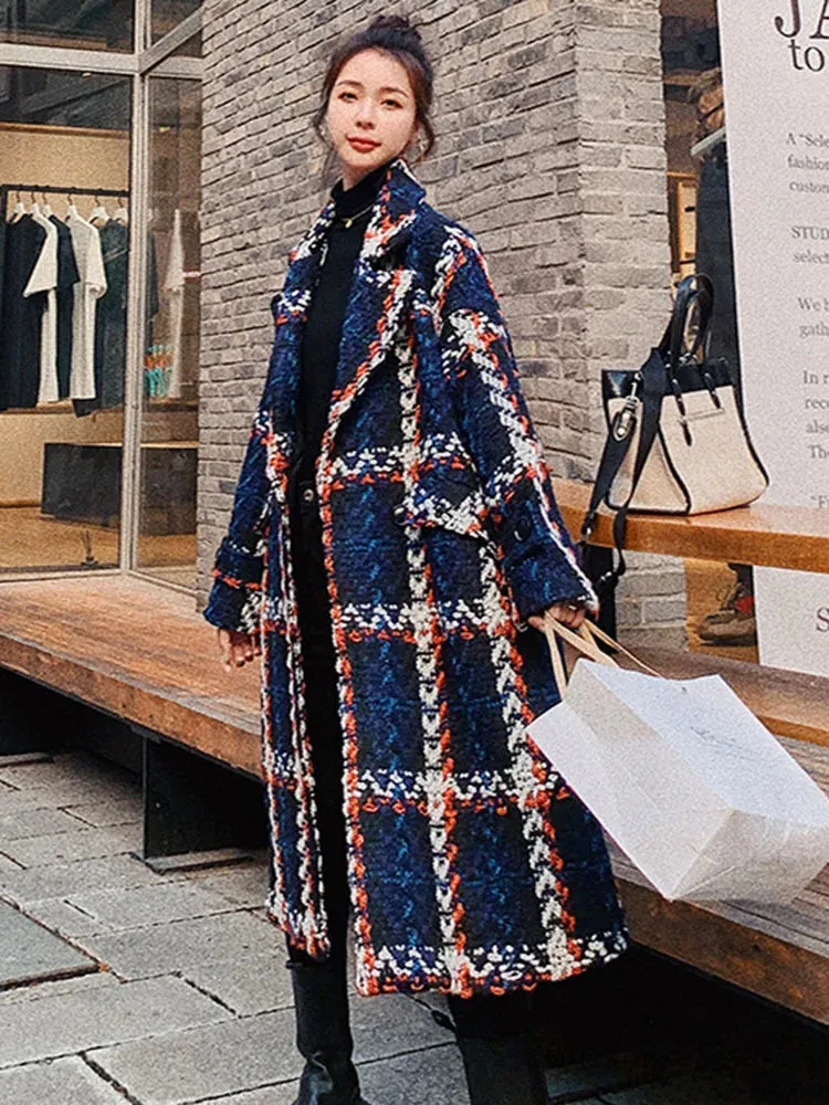 Mable Vintage Blue Plaid Long Coat
