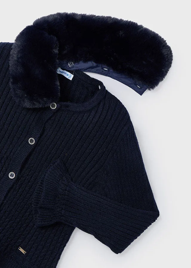 Navy Faux Fur Collar Cardigan Sweater