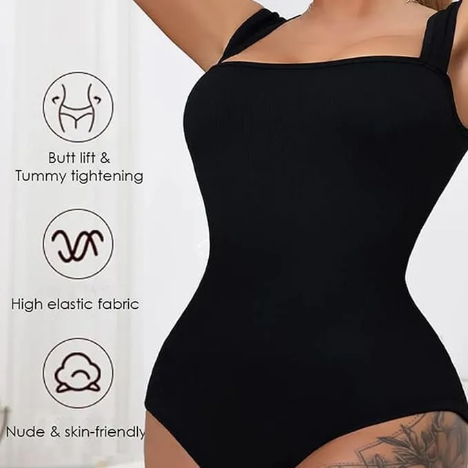 NEW HEEKPEK Bodysuit for Women Sleeveless Ribbed Square Neck One Piece Tank Tops Bodysuits Tummy Control Shapewear Sexy, BLACK, Sz L