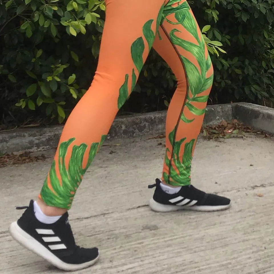 Orange Green Tropical Leaf Meggings, Men's Costume Festival Leggings-Made in USA/EU