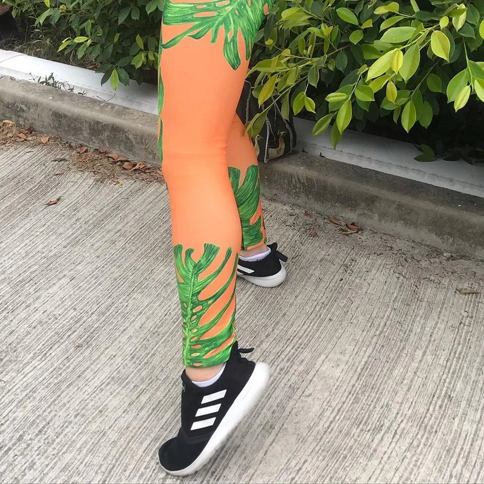 Orange Green Tropical Leaf Meggings, Men's Costume Festival Leggings-Made in USA/EU