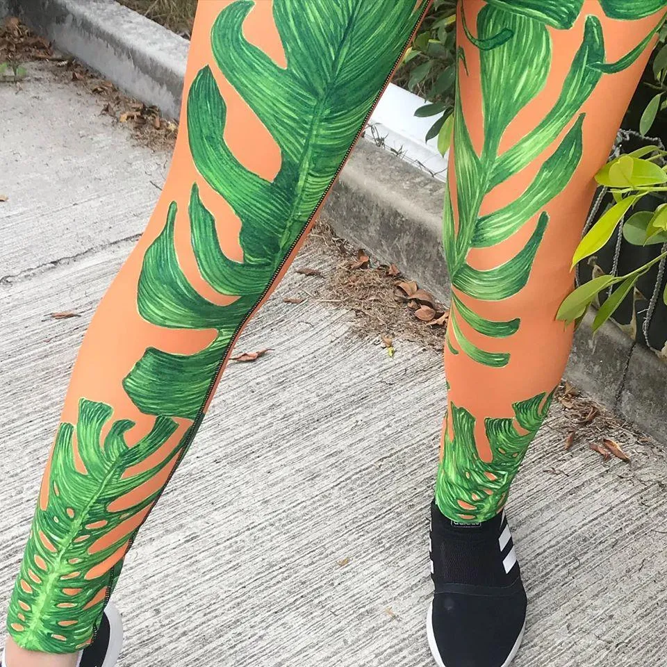 Orange Green Tropical Leaf Meggings, Men's Costume Festival Leggings-Made in USA/EU