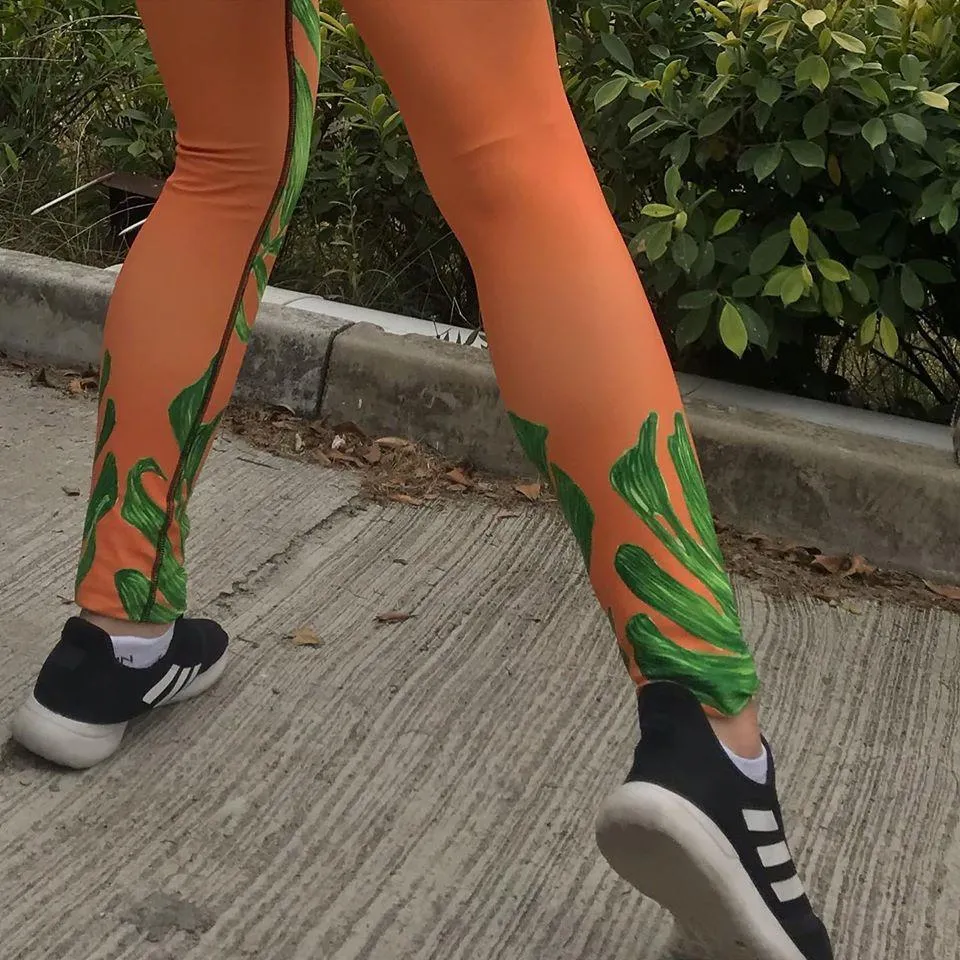 Orange Green Tropical Leaf Meggings, Men's Costume Festival Leggings-Made in USA/EU