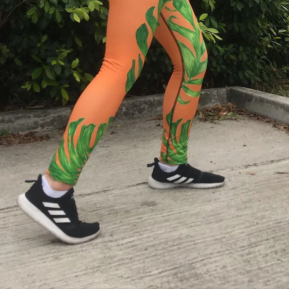Orange Green Tropical Leaf Meggings, Men's Costume Festival Leggings-Made in USA/EU