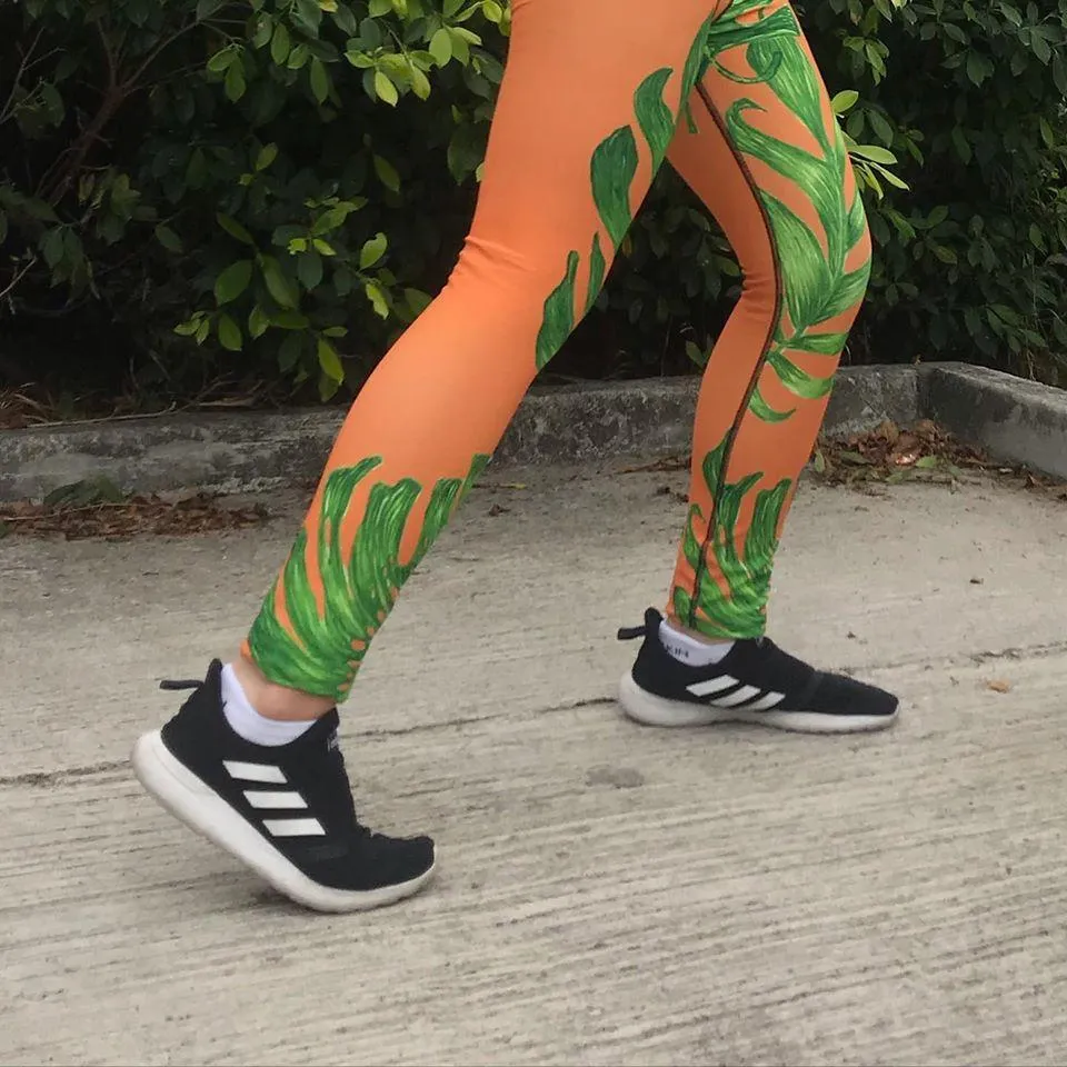 Orange Green Tropical Leaf Meggings, Men's Costume Festival Leggings-Made in USA/EU