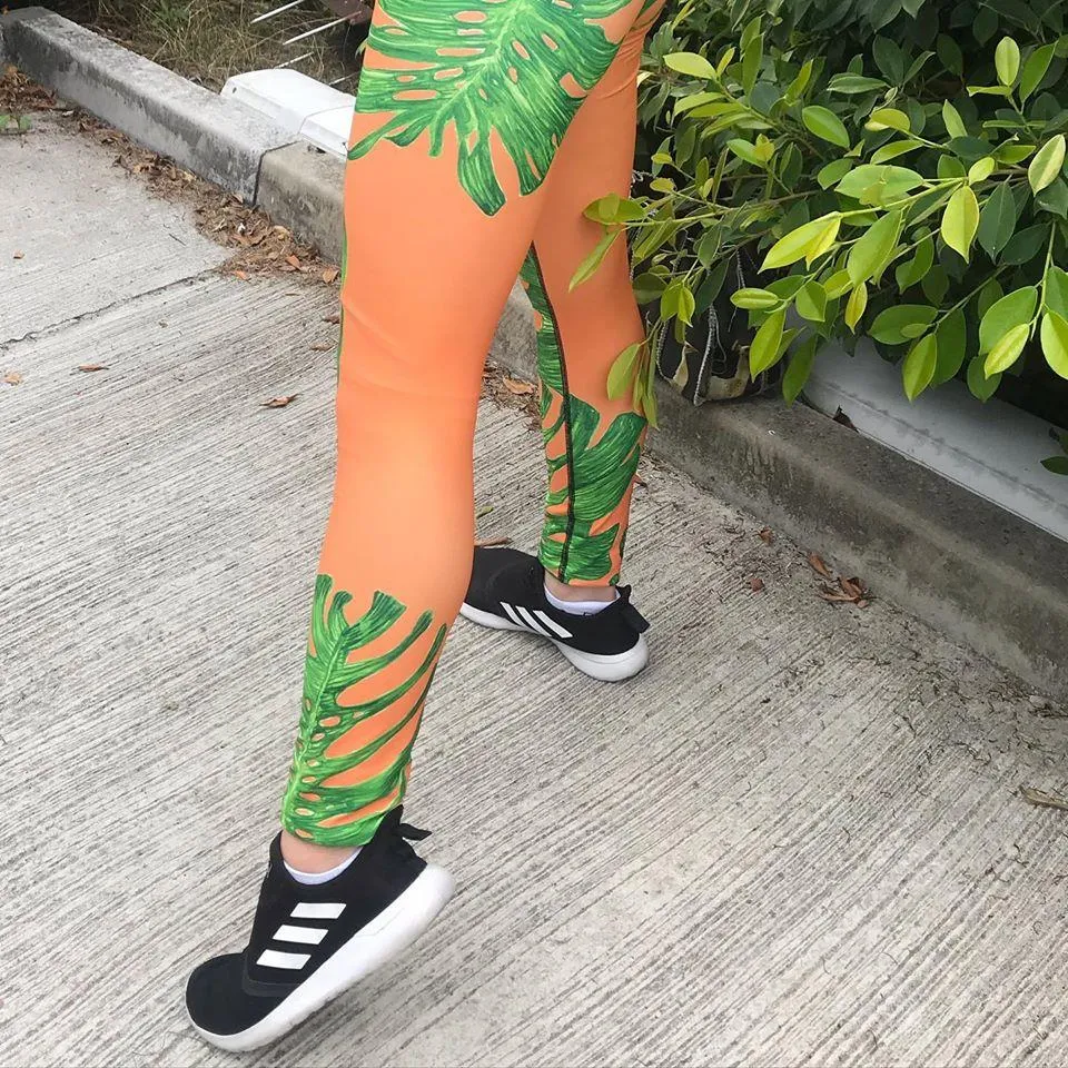 Orange Green Tropical Leaf Meggings, Men's Costume Festival Leggings-Made in USA/EU