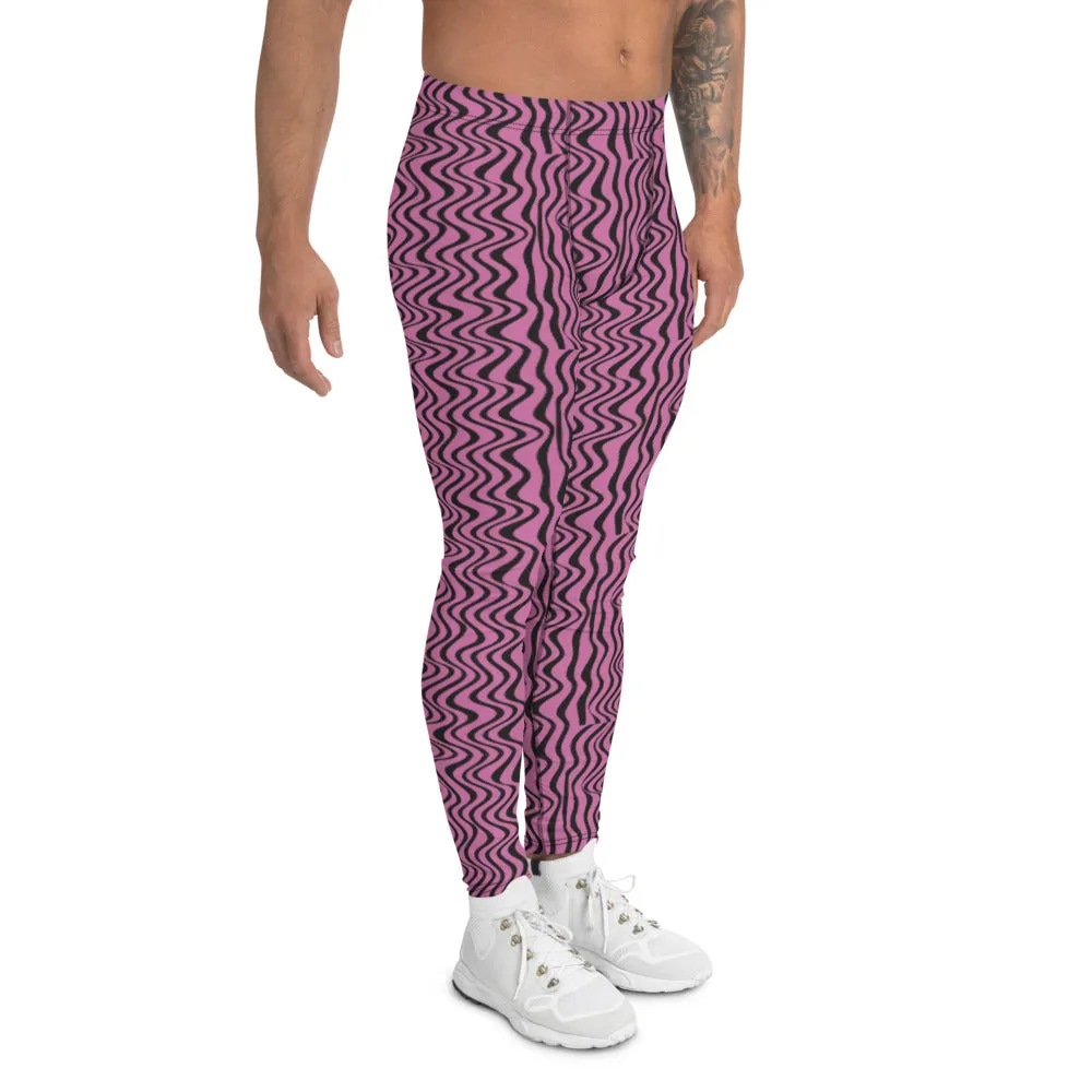 Pink Black Wavy Men's Leggings, Pattern Meggings Premium Luxury Tights-Made in USA/EU