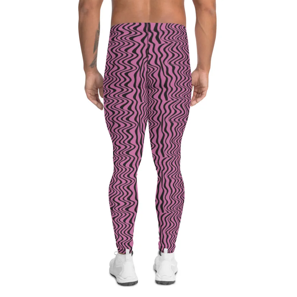 Pink Black Wavy Men's Leggings, Pattern Meggings Premium Luxury Tights-Made in USA/EU