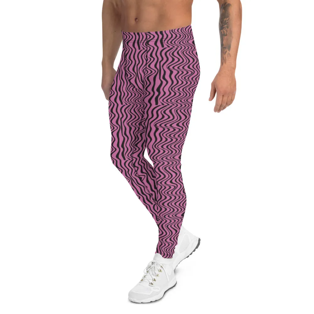 Pink Black Wavy Men's Leggings, Pattern Meggings Premium Luxury Tights-Made in USA/EU