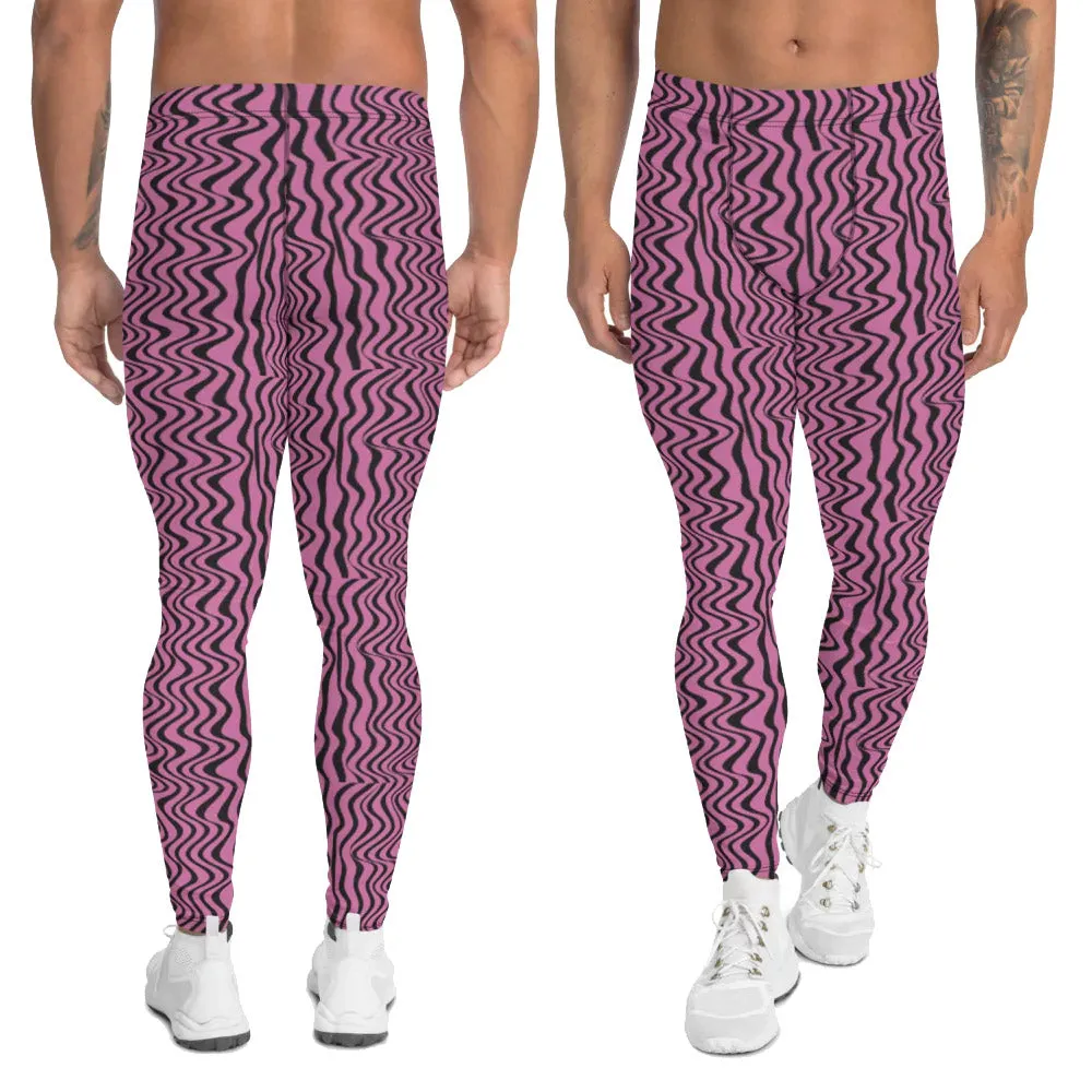 Pink Black Wavy Men's Leggings, Pattern Meggings Premium Luxury Tights-Made in USA/EU