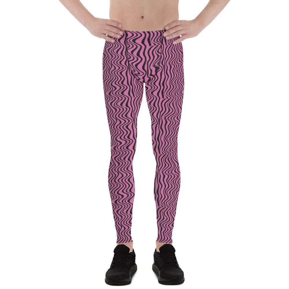 Pink Black Wavy Men's Leggings, Pattern Meggings Premium Luxury Tights-Made in USA/EU